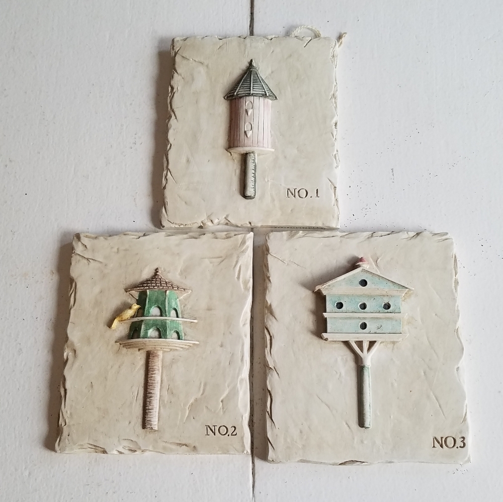 Set of 3 Hen Feathers 3D Birdhouses Wall Plaques Cottagecore Farmhouse Decor